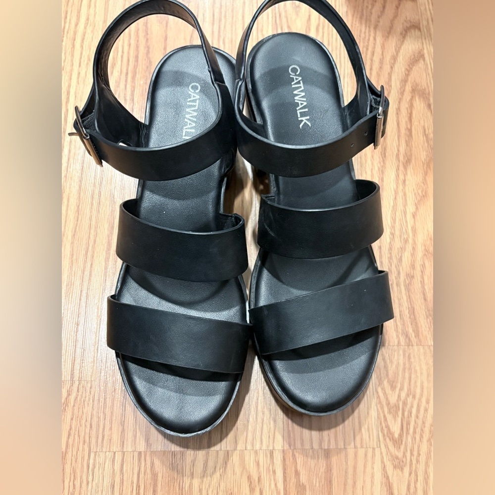 Catwalk Black Platform Chunky Heel Sandals Size 39 Lug Sole
